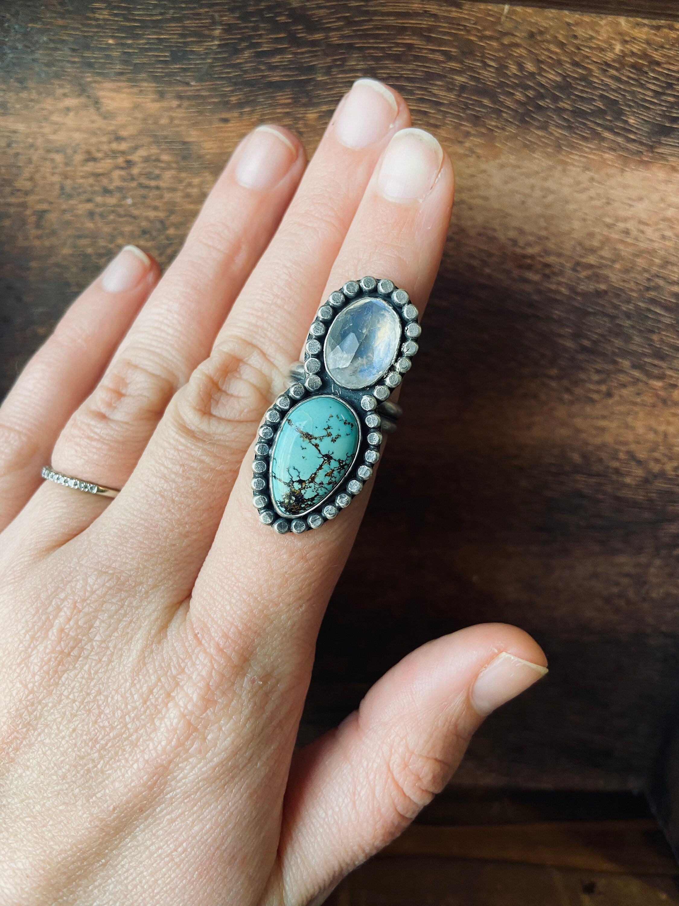 Royston Turquoise & Rainbow Moonstone Ring - Size 7.5