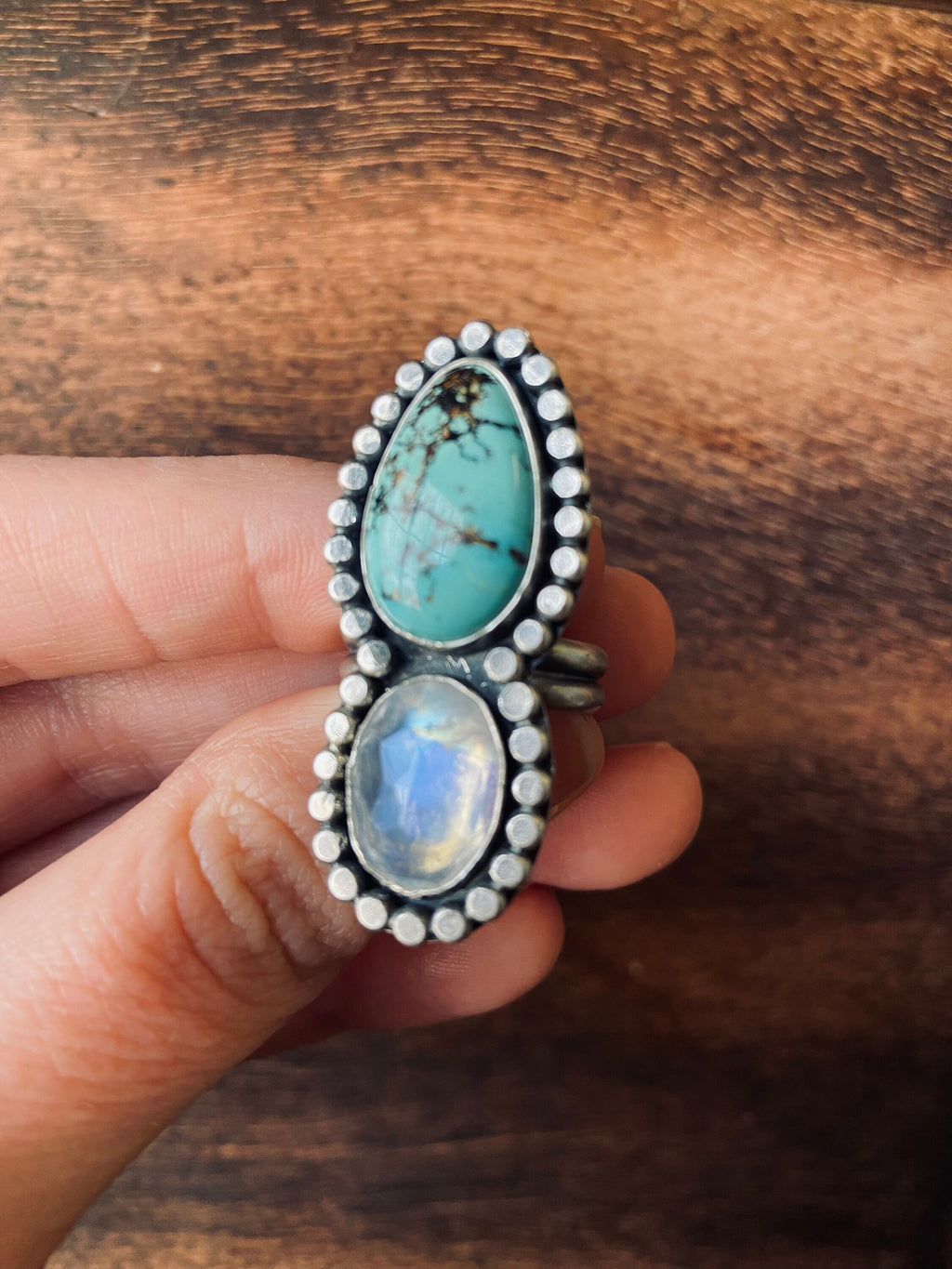 Royston Turquoise & Rainbow Moonstone Ring - Size 7.5