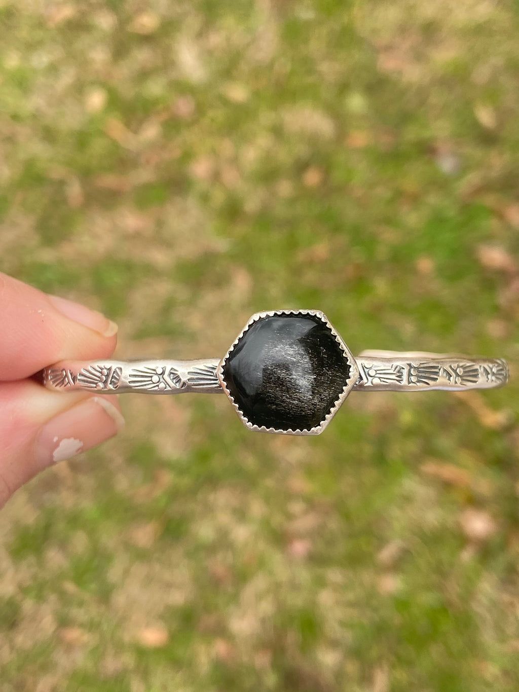Silver Sheen Obsidian stacking cuff