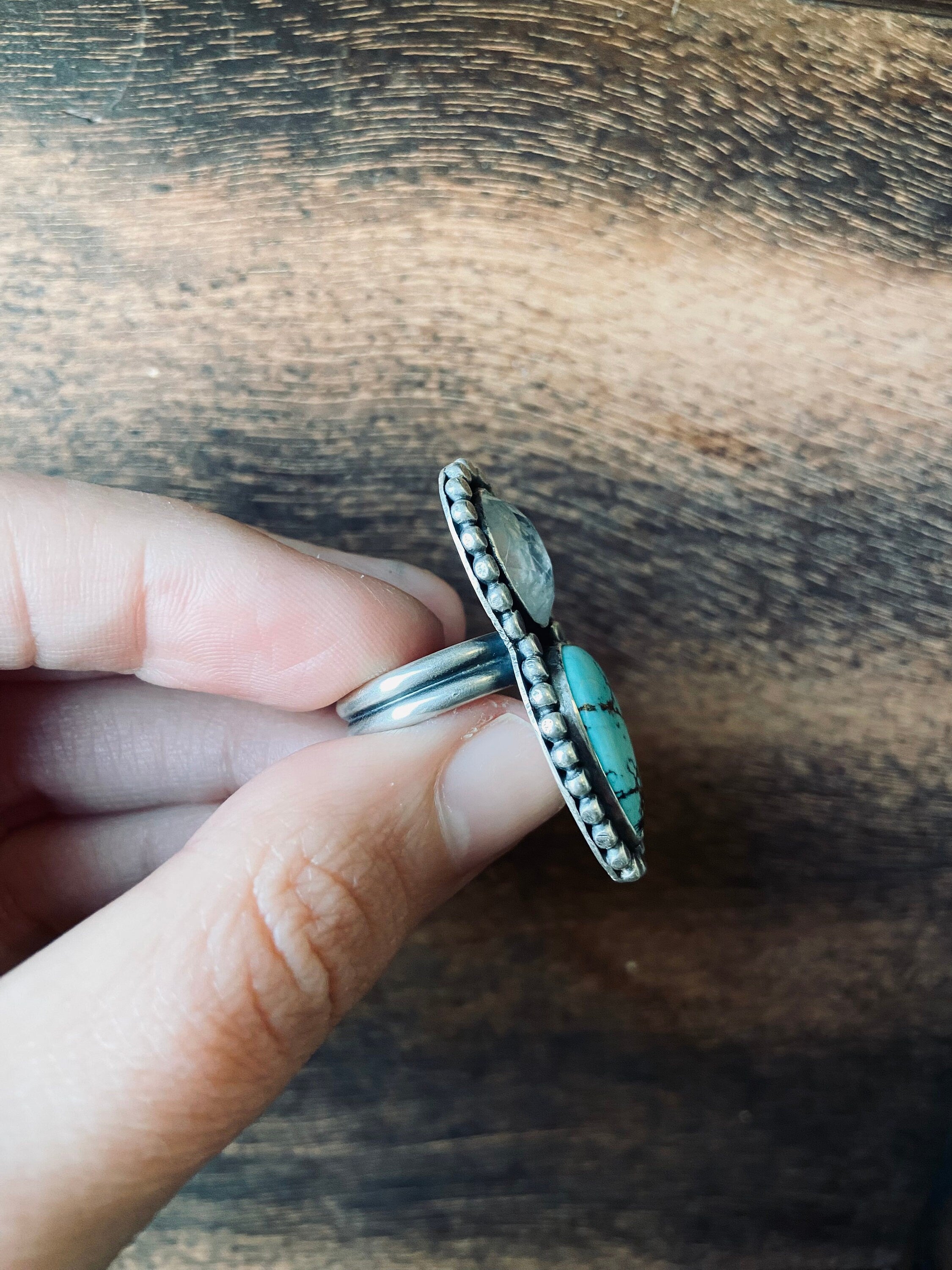 Royston Turquoise & Rainbow Moonstone Ring - Size 7.5