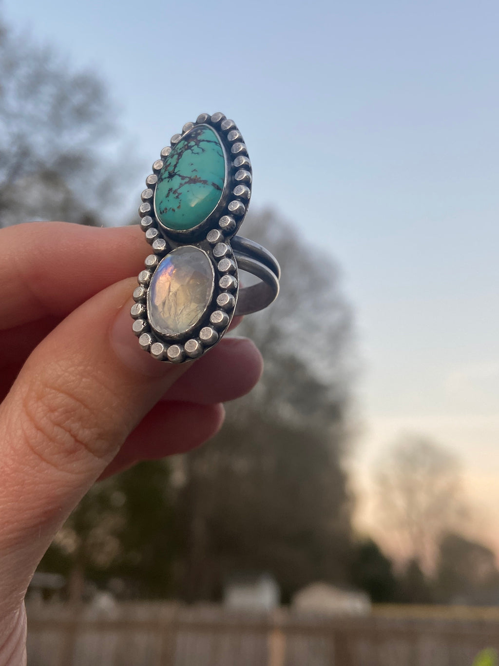 Royston Turquoise & Rainbow Moonstone Ring - Size 7.5