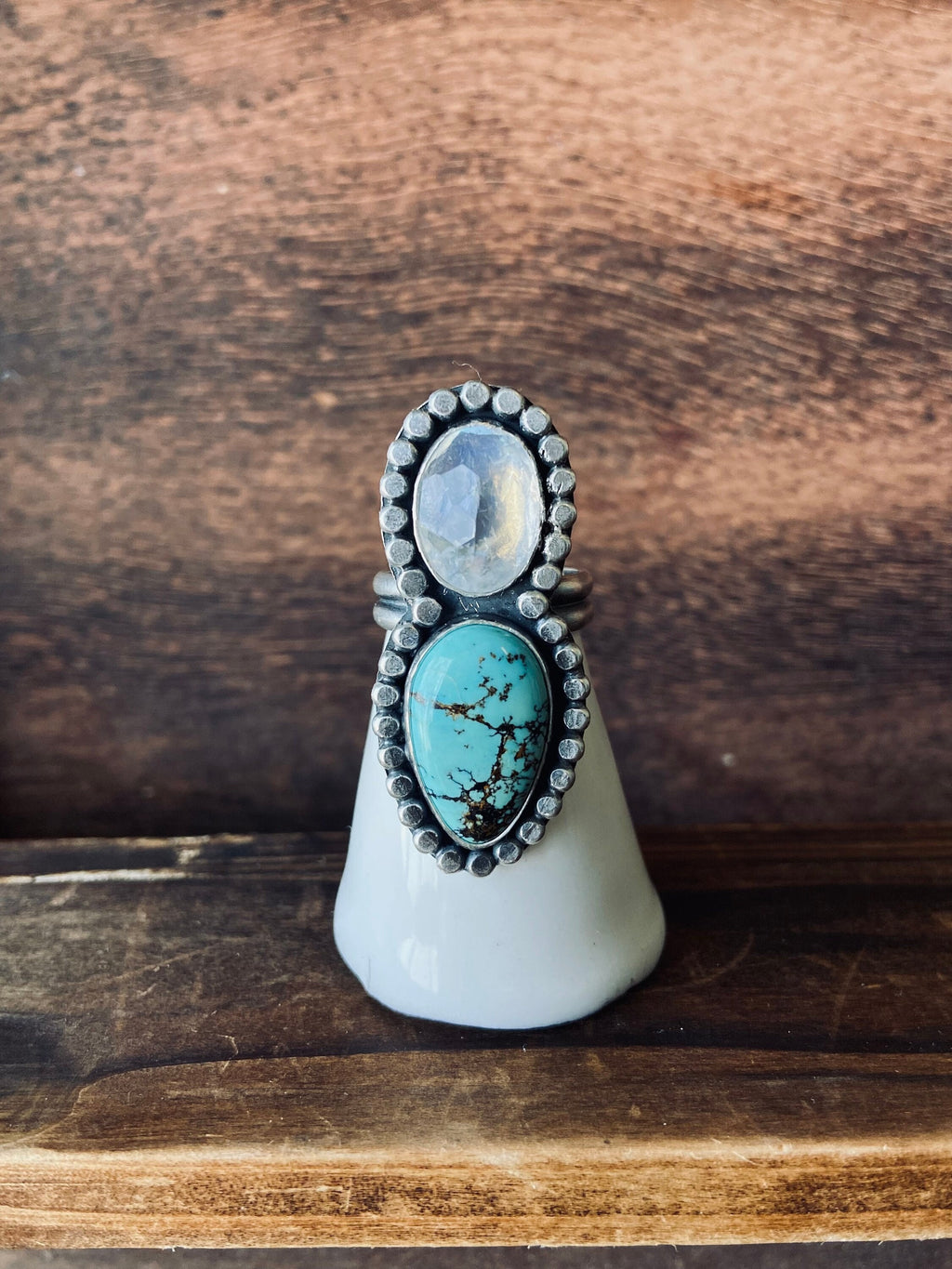 Royston Turquoise & Rainbow Moonstone Ring - Size 7.5