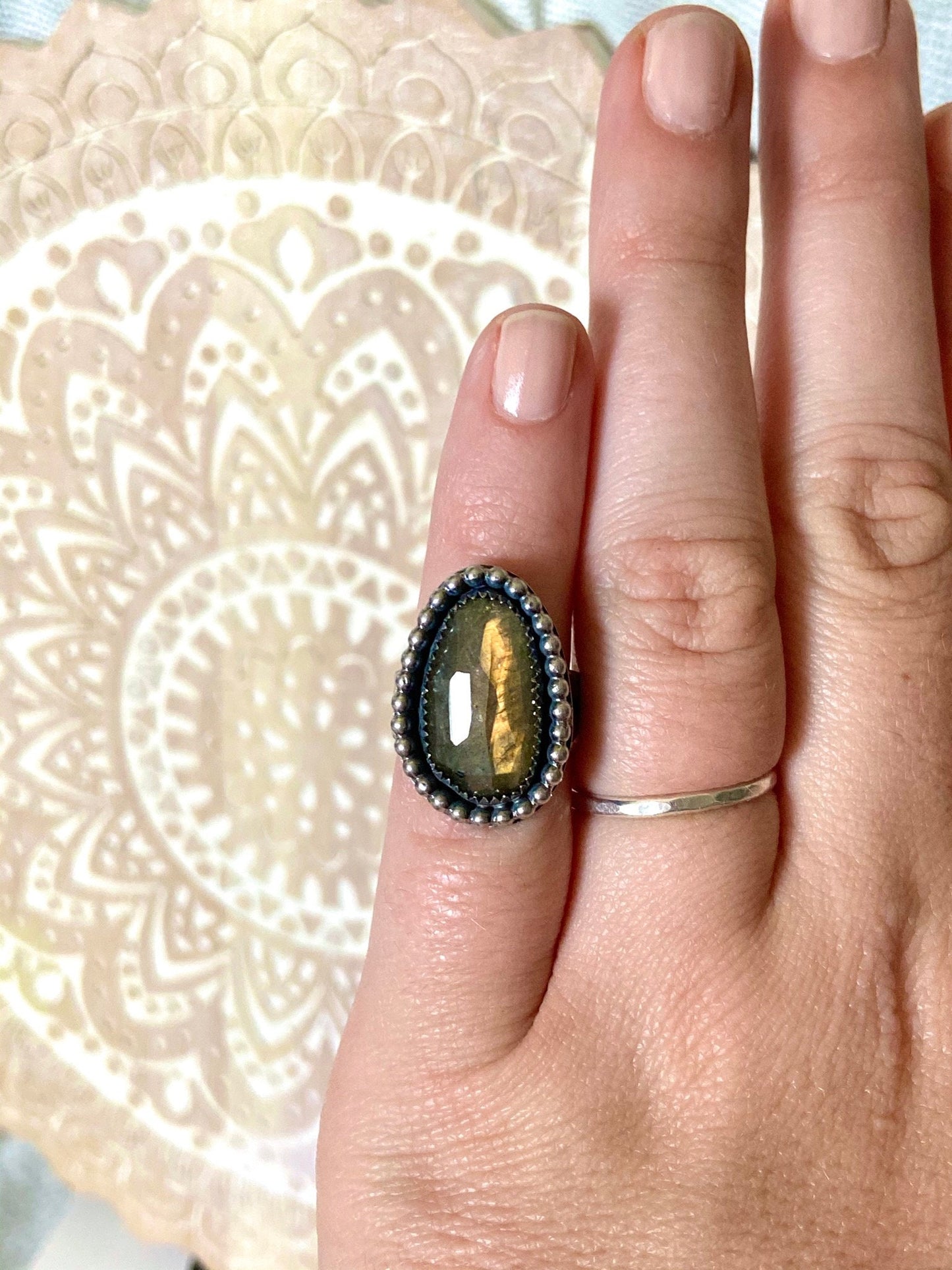 Orange Labradorite Statement Ring: size 4.5