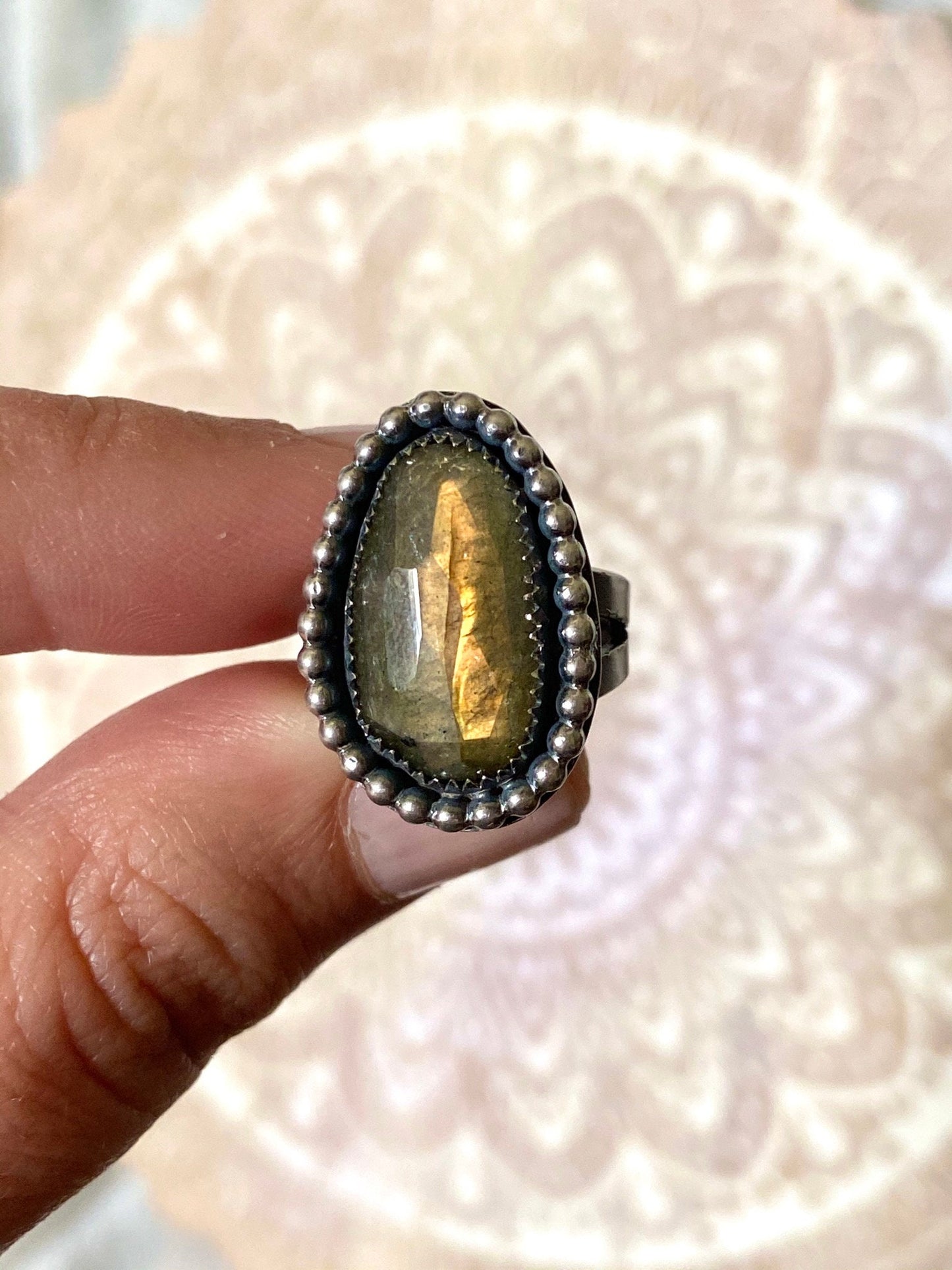 Orange Labradorite Statement Ring: size 4.5