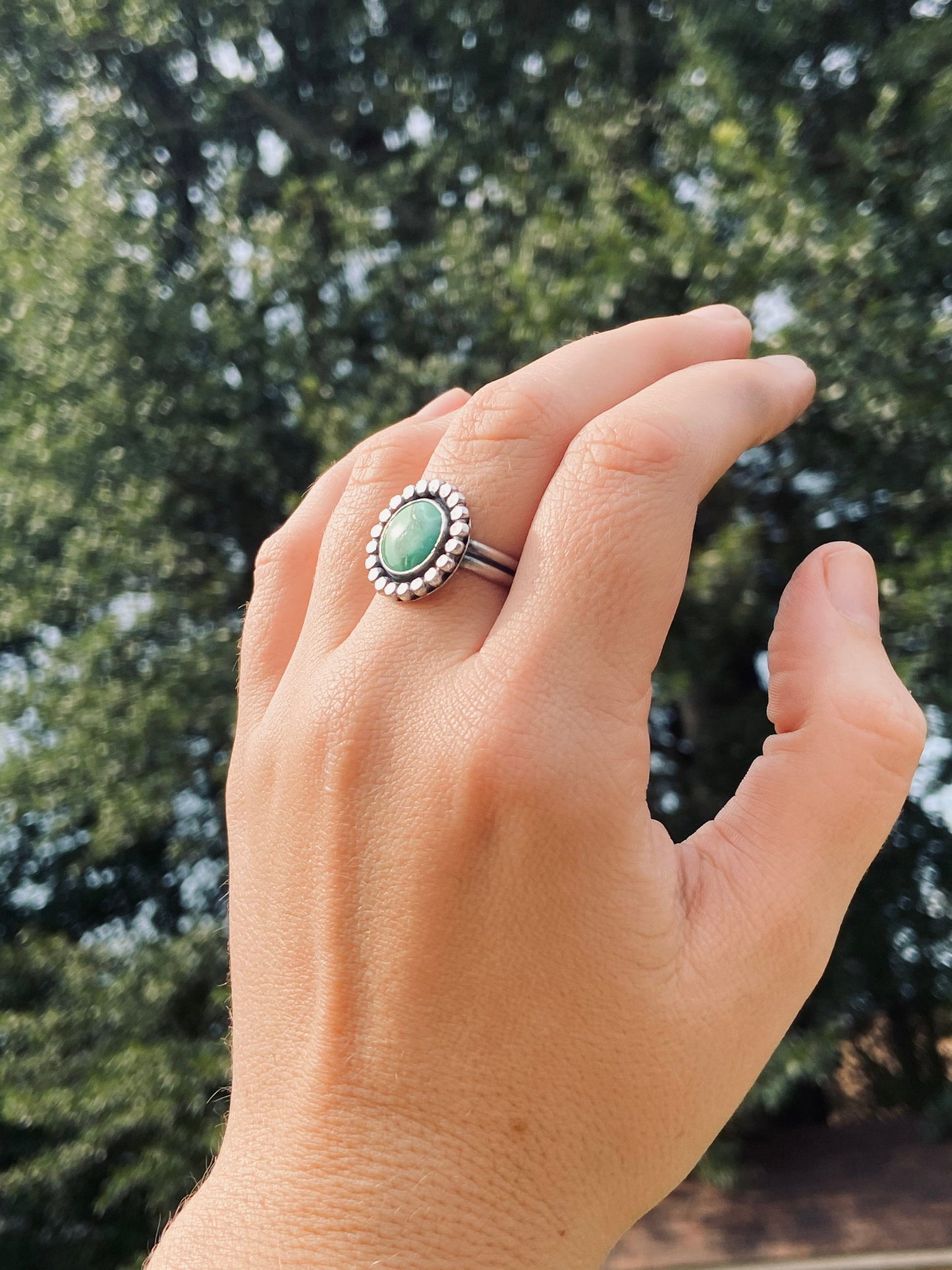 US size 10 emerald valley statement ring/ double ring band/ green turquoise and sterling silver ring/ ready to ship/gifts for her