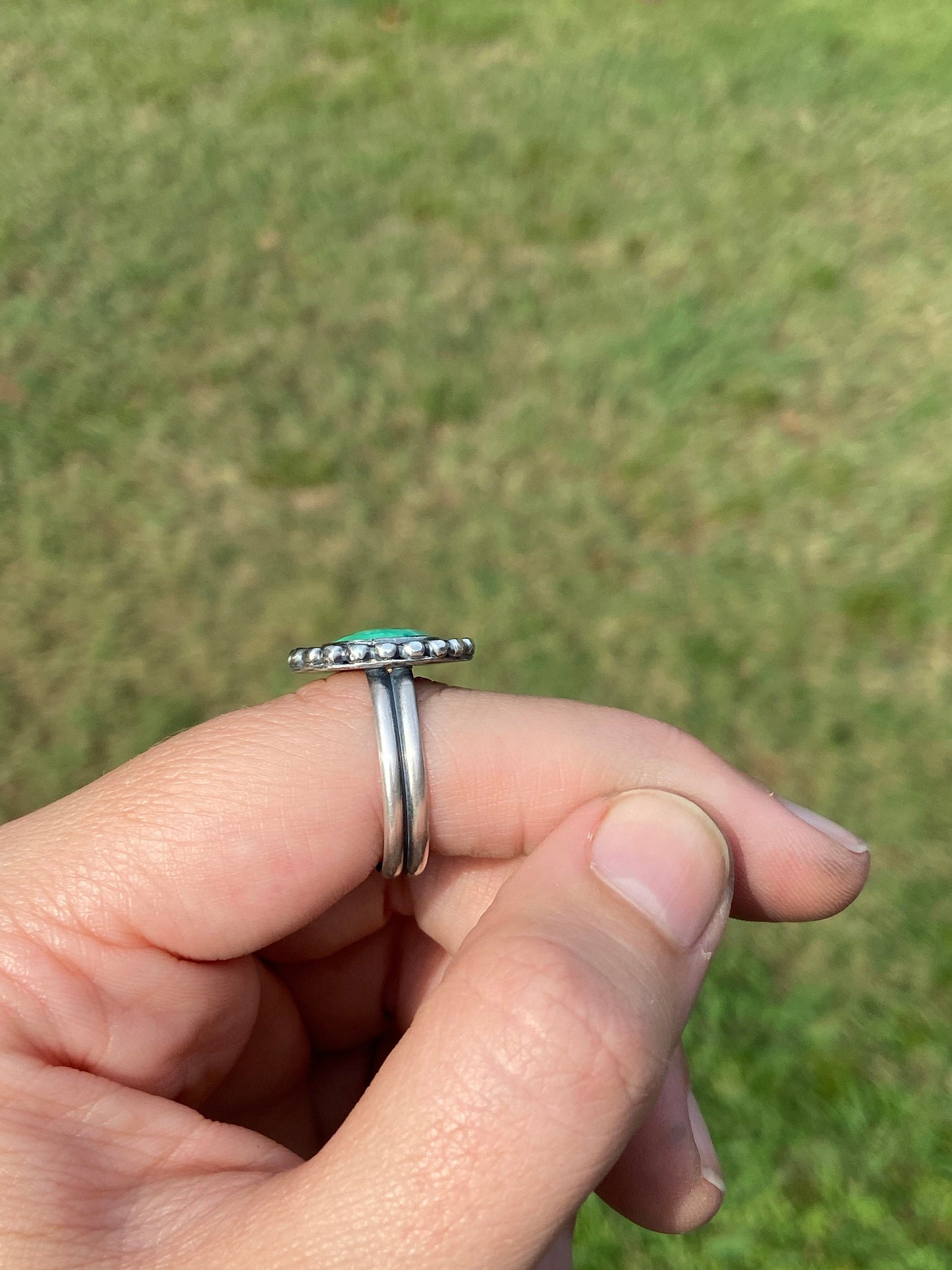 US size 10 emerald valley statement ring/ double ring band/ green turquoise and sterling silver ring/ ready to ship/gifts for her