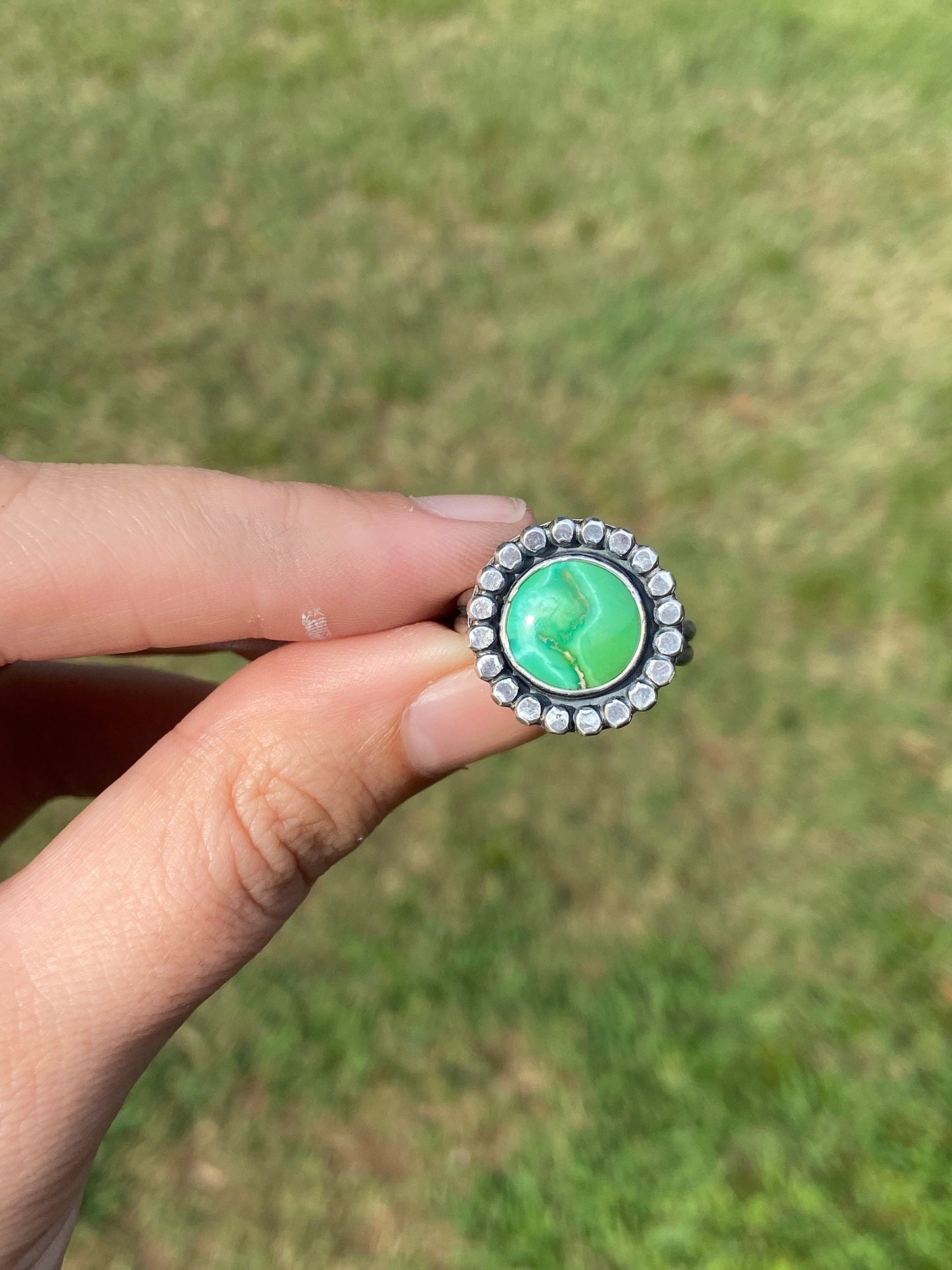 US size 10 emerald valley statement ring/ double ring band/ green turquoise and sterling silver ring/ ready to ship/gifts for her