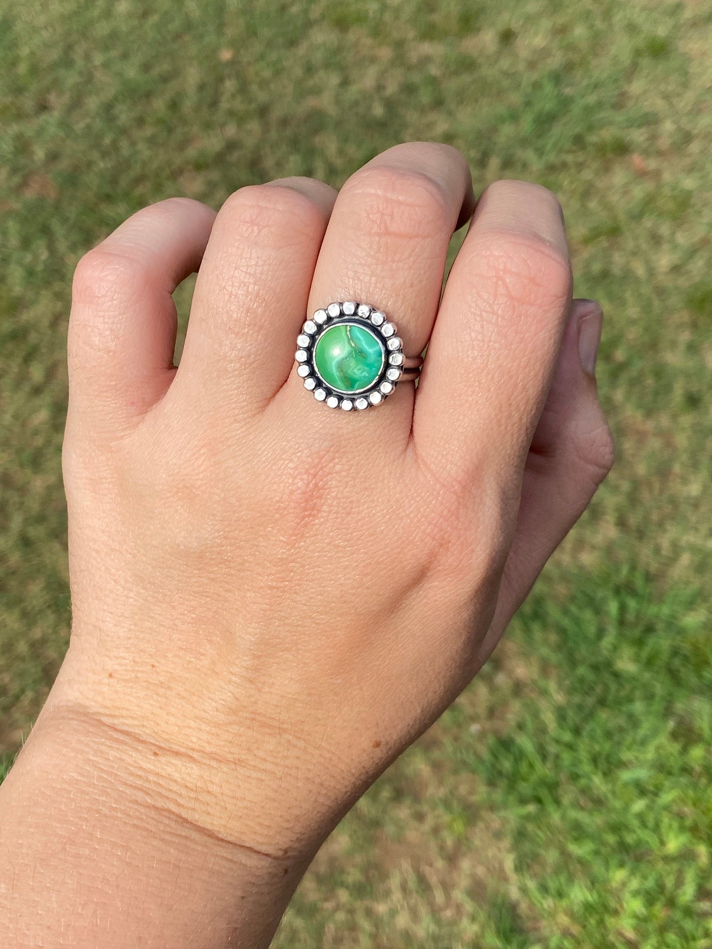 US size 10 emerald valley statement ring/ double ring band/ green turquoise and sterling silver ring/ ready to ship/gifts for her