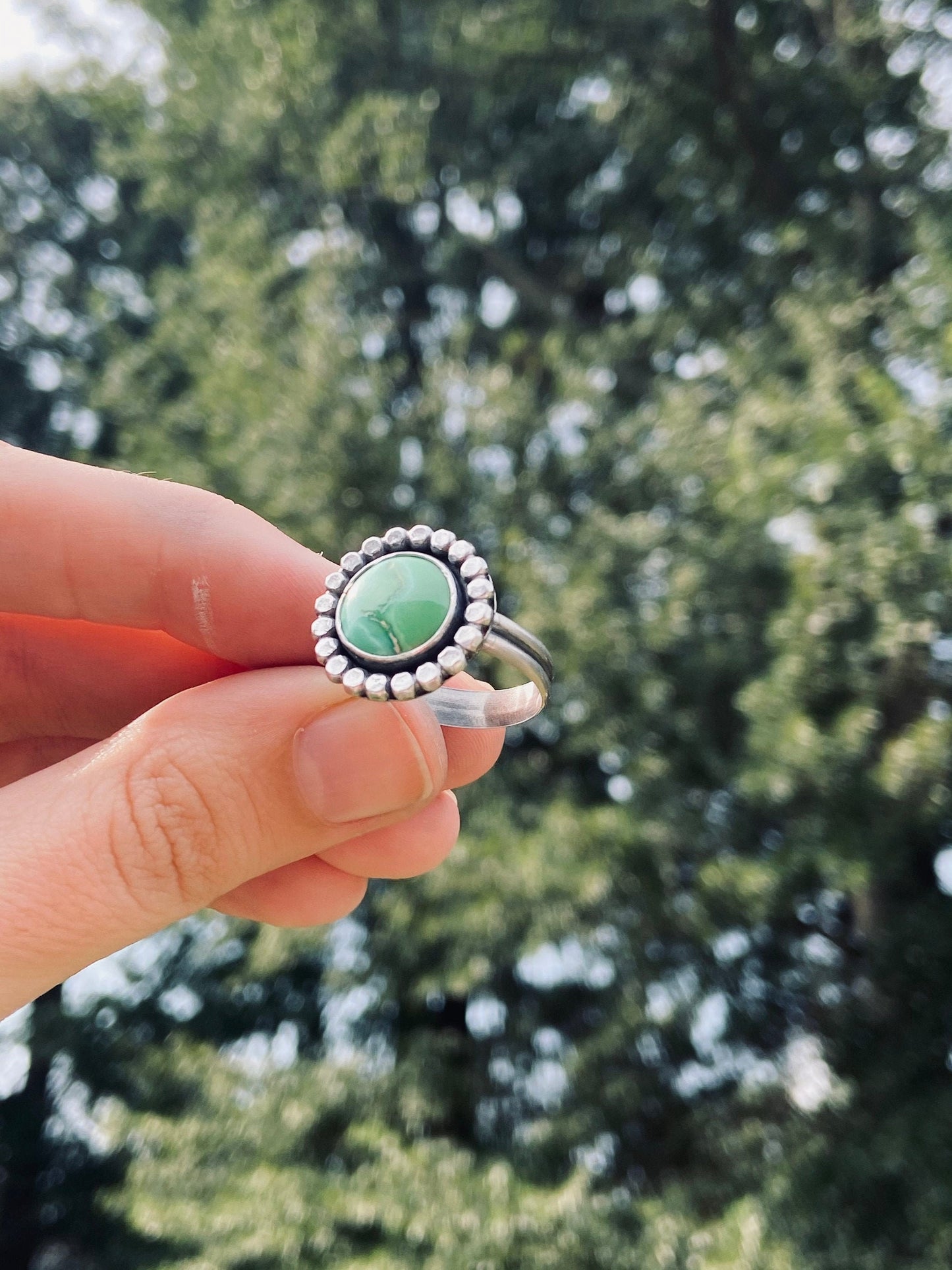 US size 10 emerald valley statement ring/ double ring band/ green turquoise and sterling silver ring/ ready to ship/gifts for her