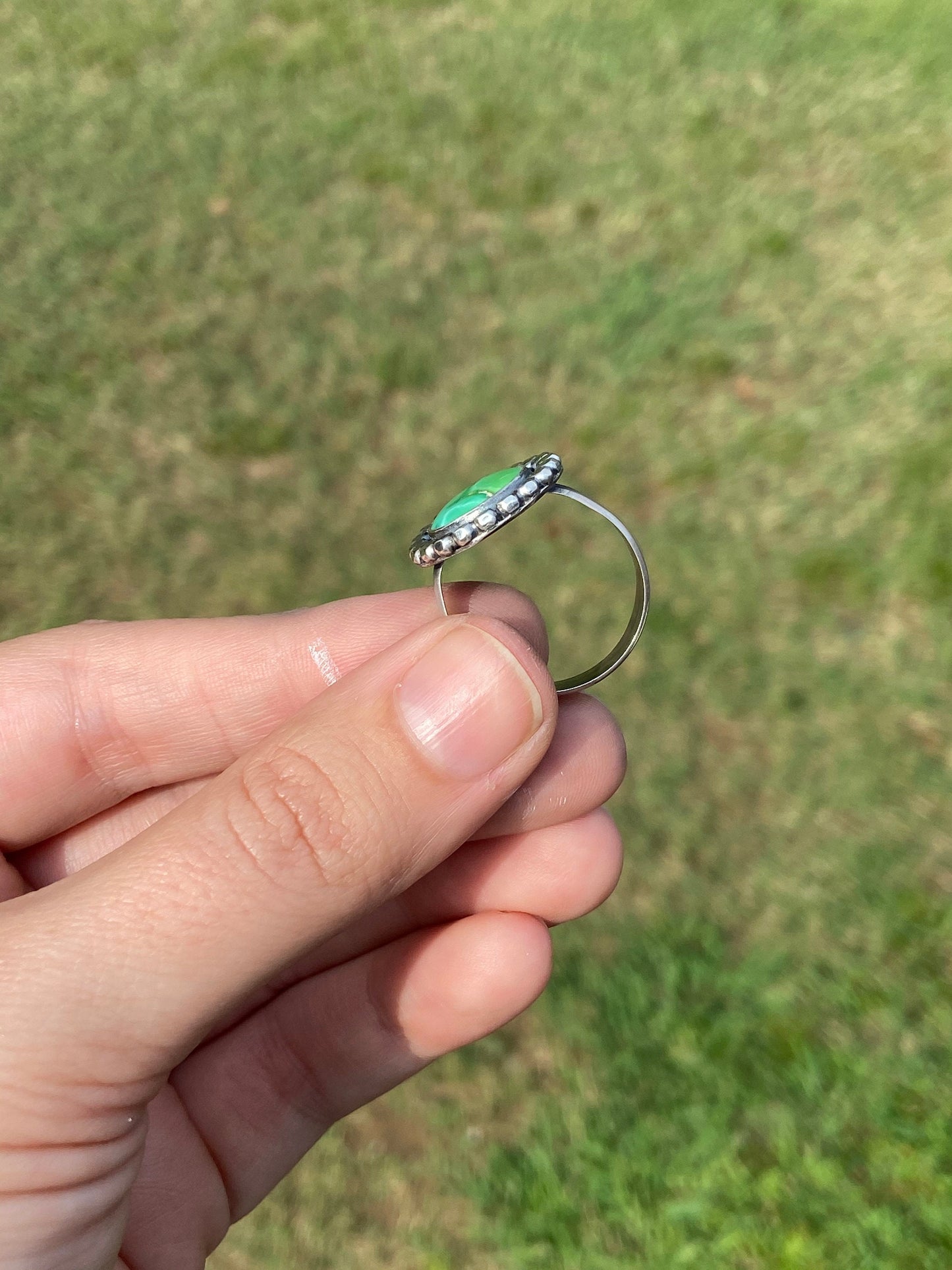 US size 10 emerald valley statement ring/ double ring band/ green turquoise and sterling silver ring/ ready to ship/gifts for her