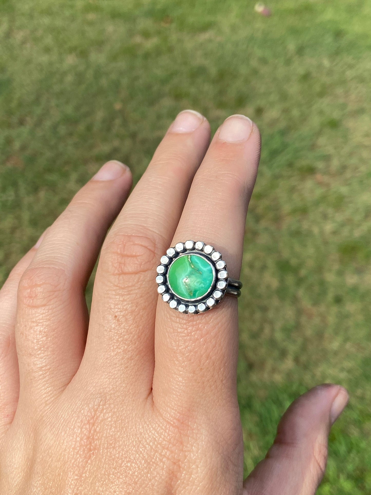 US size 10 emerald valley statement ring/ double ring band/ green turquoise and sterling silver ring/ ready to ship/gifts for her