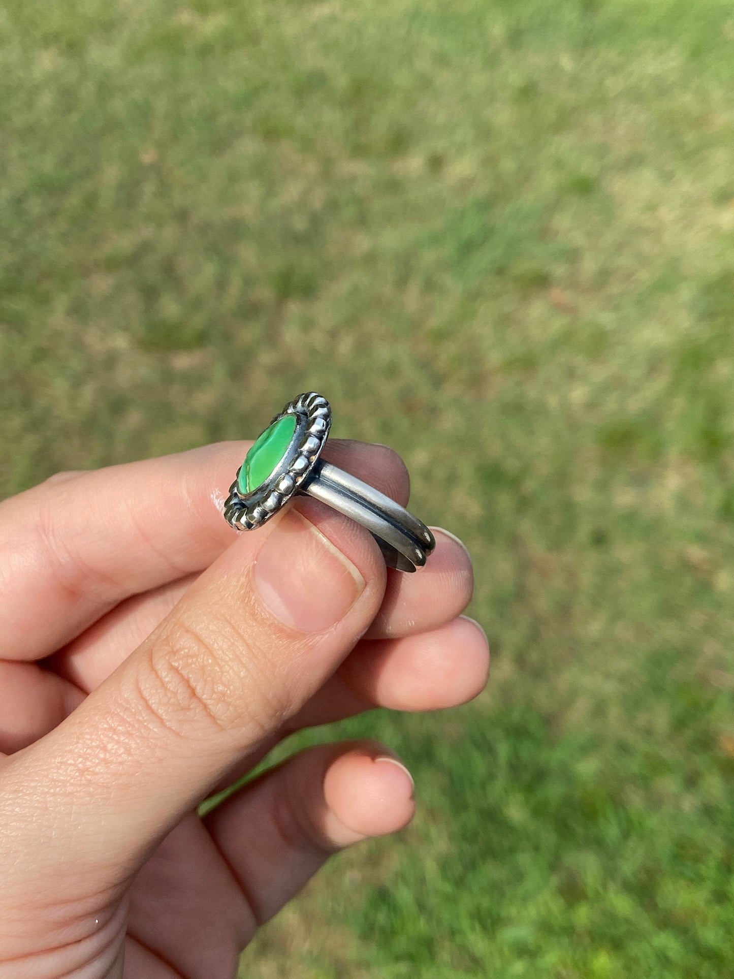 US size 10 emerald valley statement ring/ double ring band/ green turquoise and sterling silver ring/ ready to ship/gifts for her