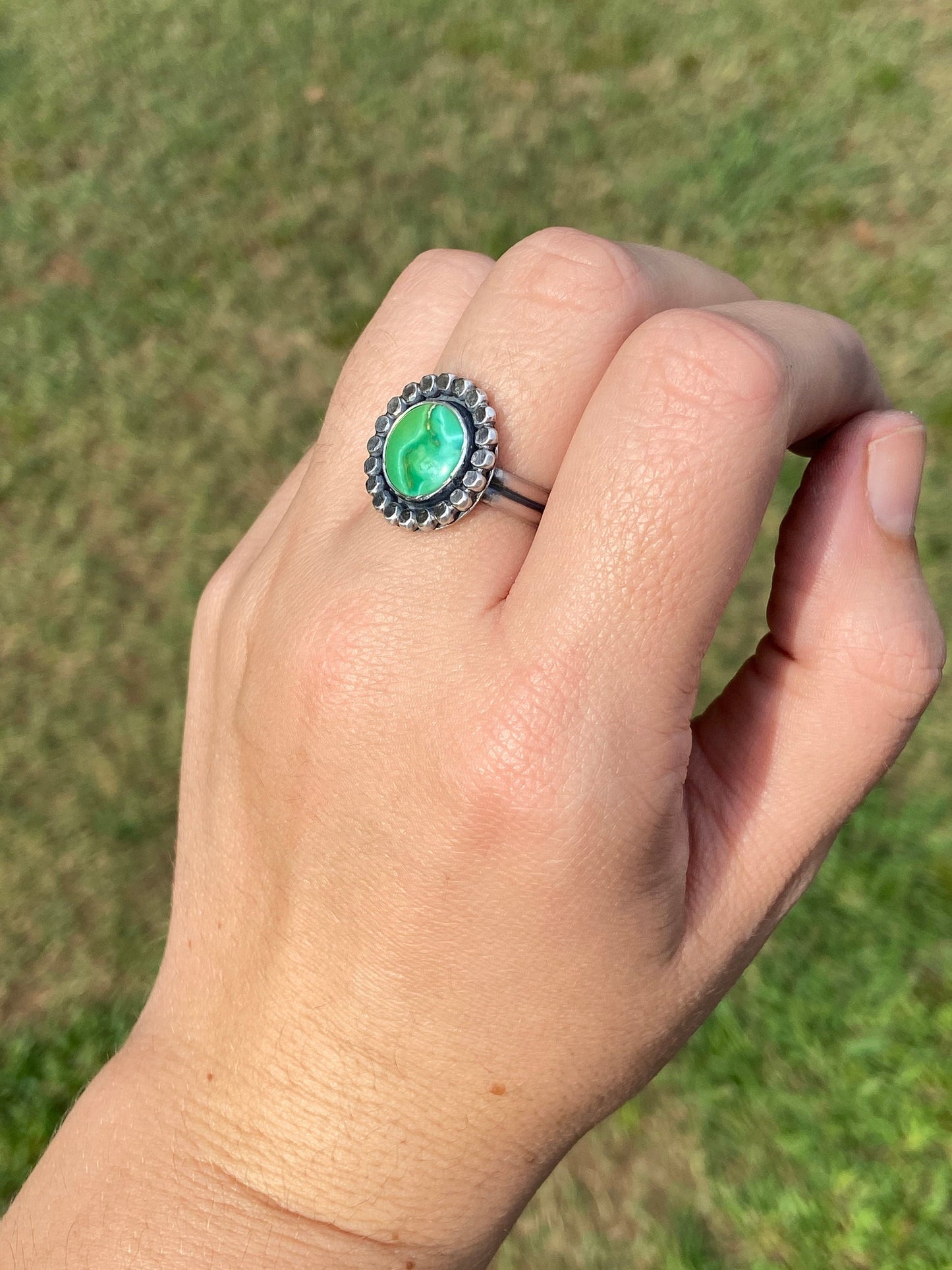 US size 10 emerald valley statement ring/ double ring band/ green turquoise and sterling silver ring/ ready to ship/gifts for her