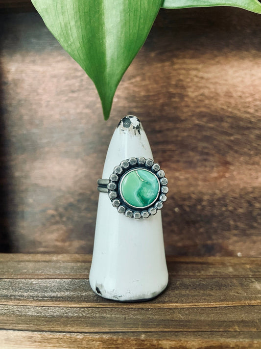 US size 10 emerald valley statement ring/ double ring band/ green turquoise and sterling silver ring/ ready to ship/gifts for her