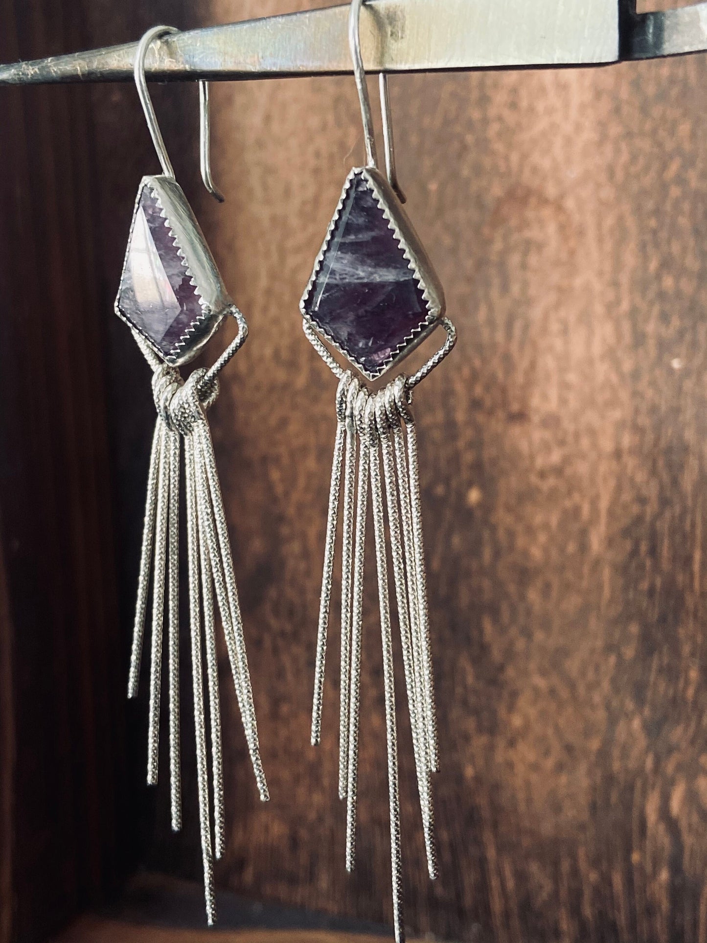 Amethyst statement earrings with sterling silver fringe/ diamond shaped stones/ purple stone dangly earrings/ ready to ship