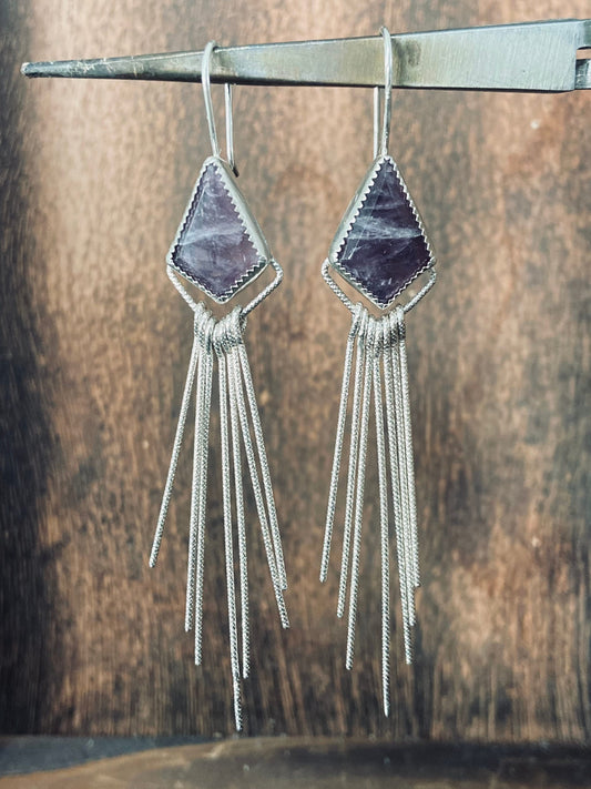 Amethyst statement earrings with sterling silver fringe/ diamond shaped stones/ purple stone dangly earrings/ ready to ship