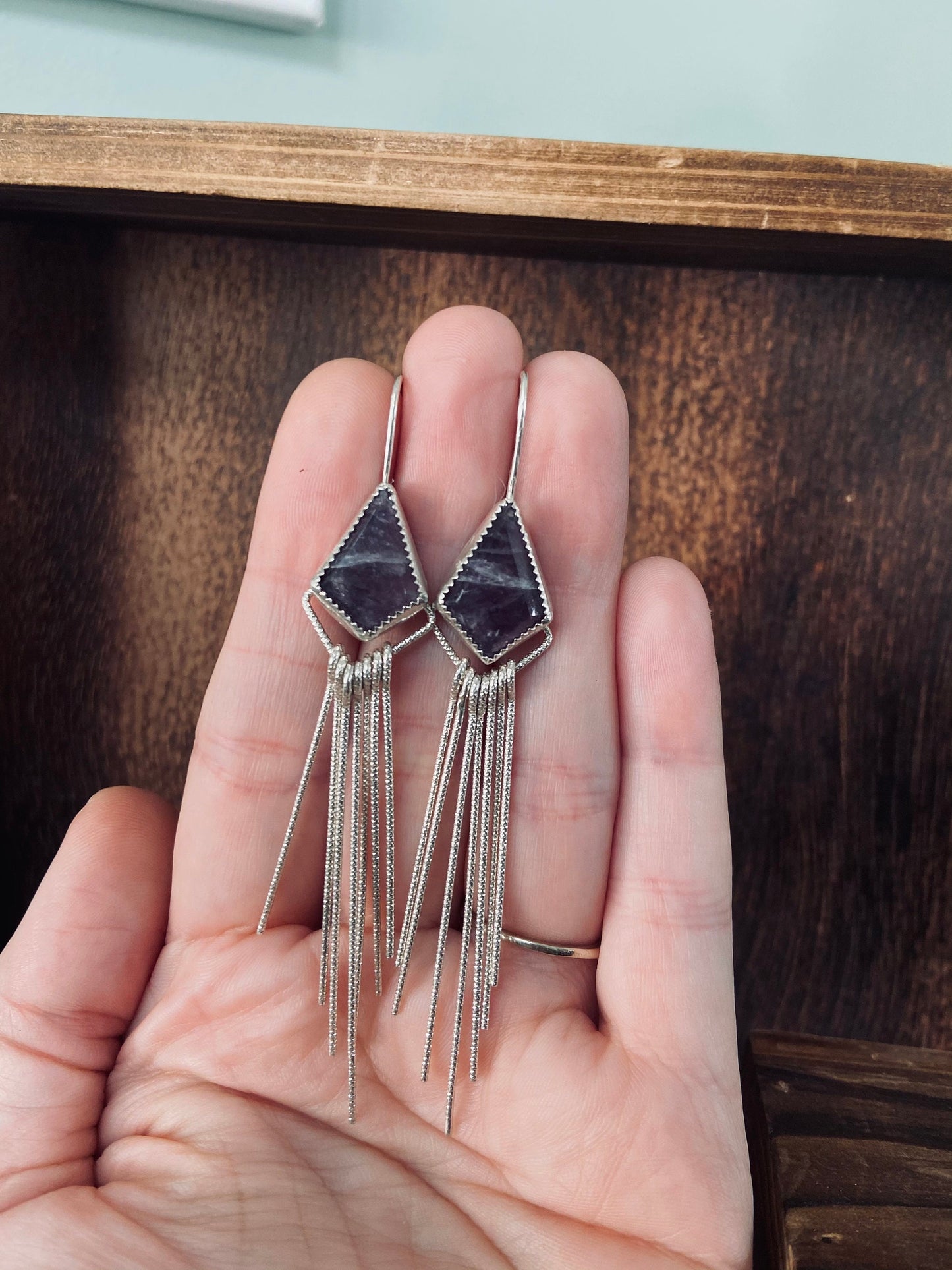 Amethyst statement earrings with sterling silver fringe/ diamond shaped stones/ purple stone dangly earrings/ ready to ship