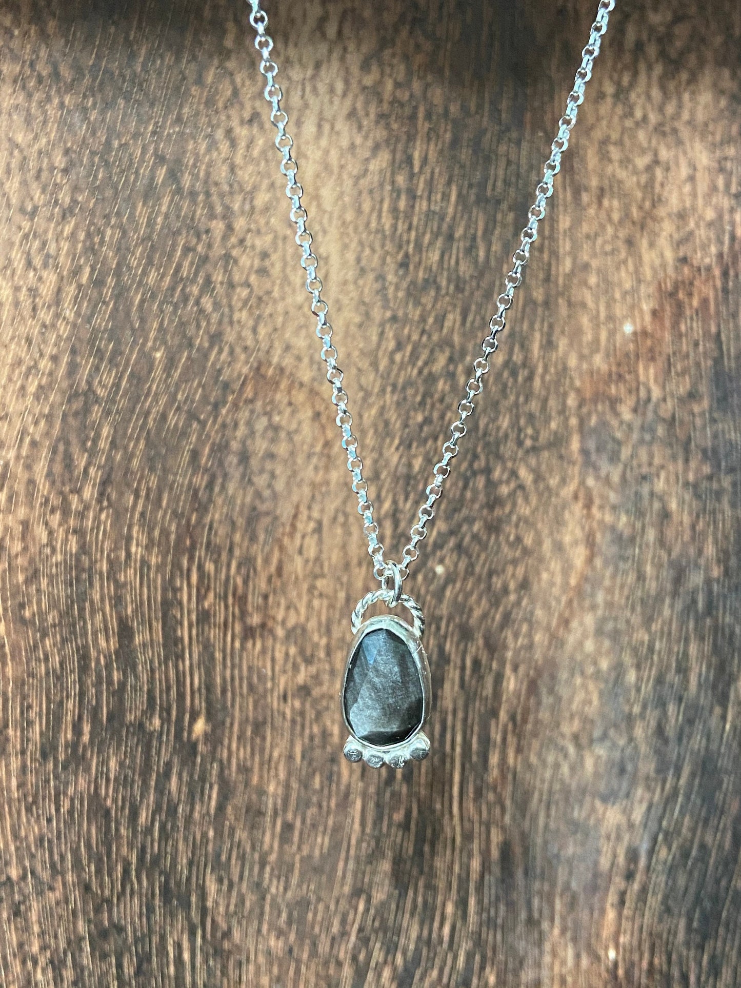 Silver sheen obsidian pendant with hammered bead accents on an 18 inch chain/ gold sheen obsidian necklace/ black necklace/ ready to ship