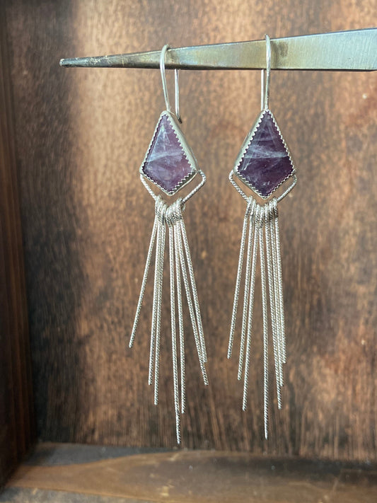 Amethyst statement earrings with sterling silver fringe/ diamond shaped stones/ purple stone dangly earrings/ ready to ship