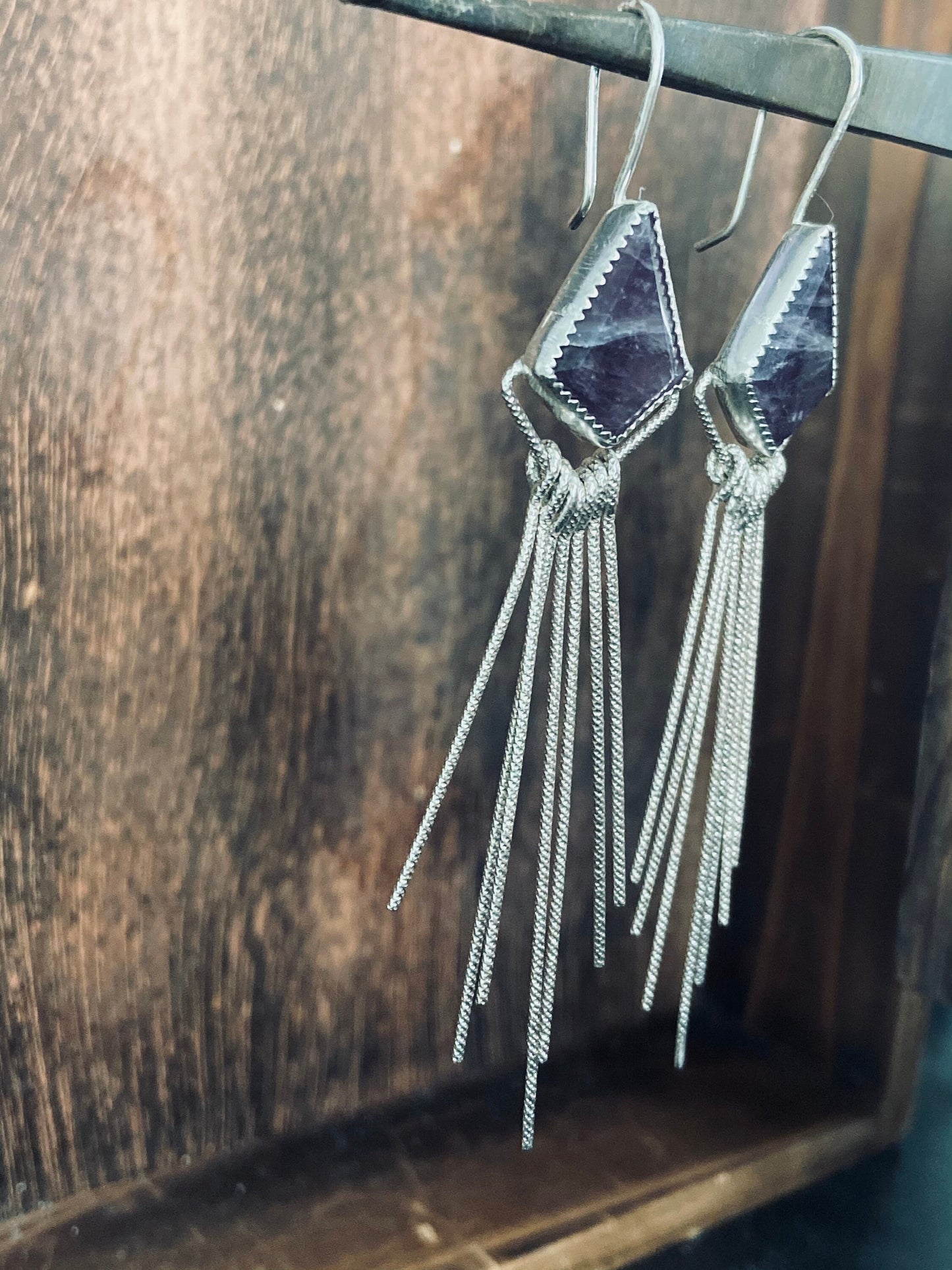 Amethyst statement earrings with sterling silver fringe/ diamond shaped stones/ purple stone dangly earrings/ ready to ship