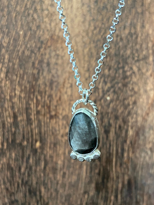 Silver sheen obsidian pendant with hammered bead accents on an 18 inch chain/ gold sheen obsidian necklace/ black necklace/ ready to ship