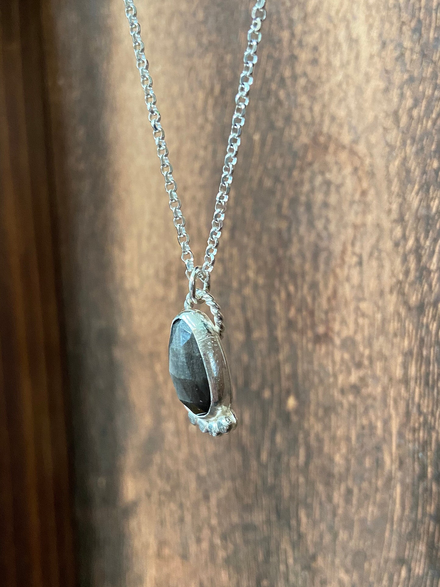 Silver sheen obsidian pendant with hammered bead accents on an 18 inch chain/ gold sheen obsidian necklace/ black necklace/ ready to ship