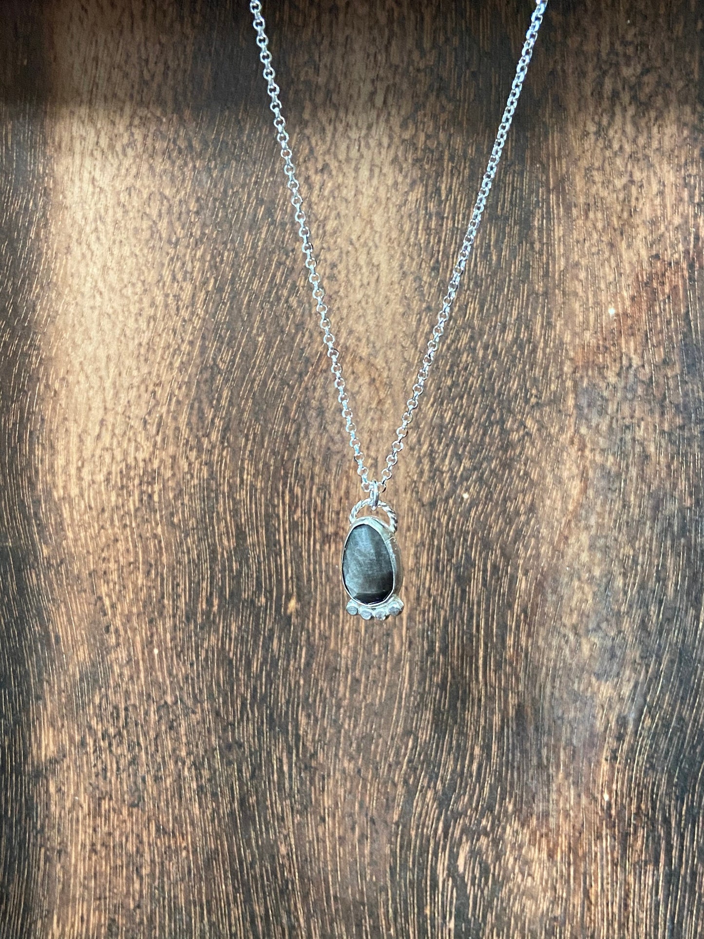 Silver sheen obsidian pendant with hammered bead accents on an 18 inch chain/ gold sheen obsidian necklace/ black necklace/ ready to ship