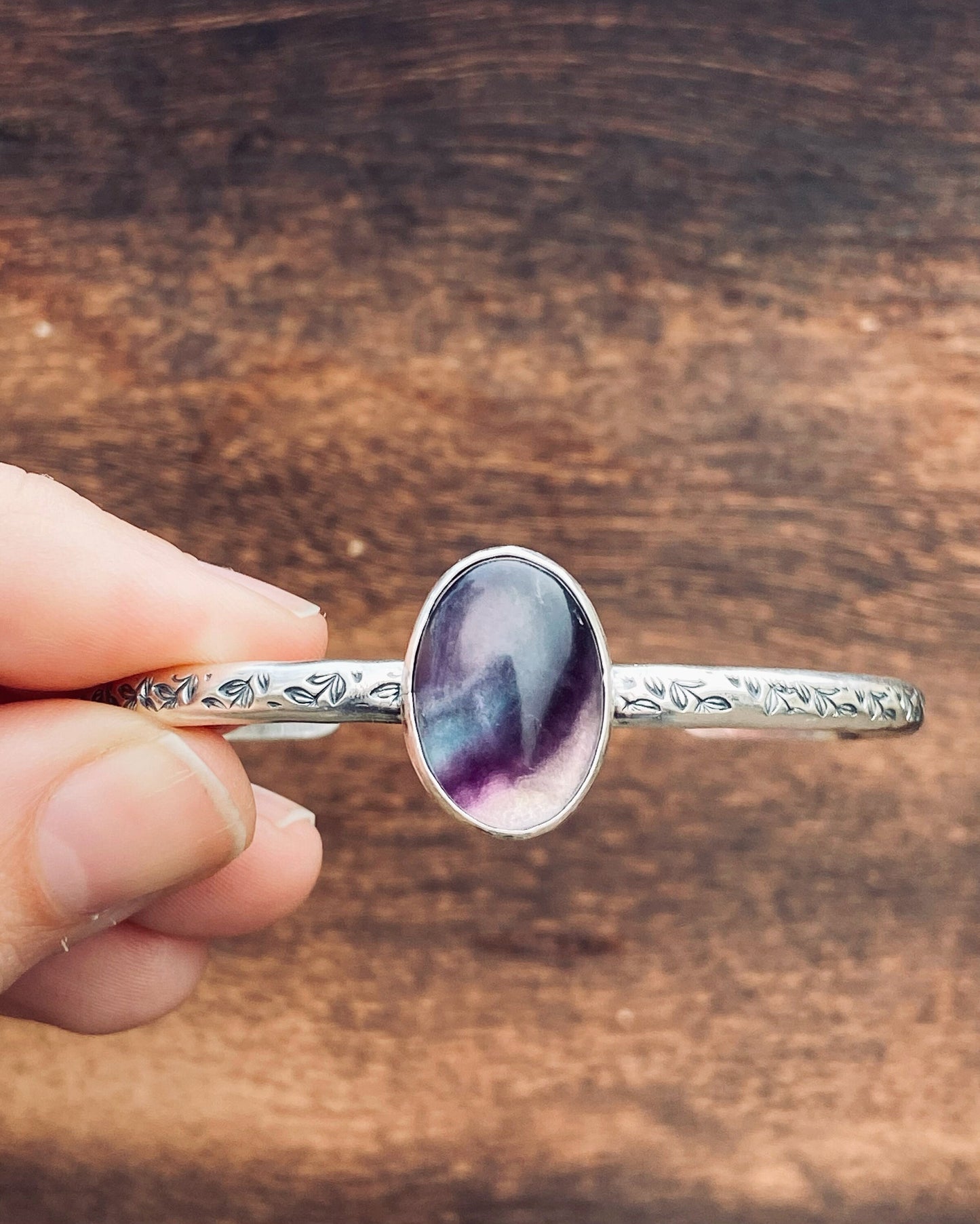 Fluorite and silver cuff with hand stamped floral band/botanical print/rainbow fluorite/purple and blue fluorite/cuff bracelet/ready to ship