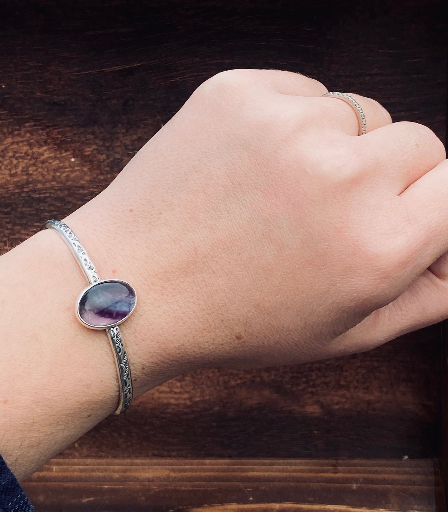 Fluorite and silver cuff with hand stamped floral band/botanical print/rainbow fluorite/purple and blue fluorite/cuff bracelet/ready to ship