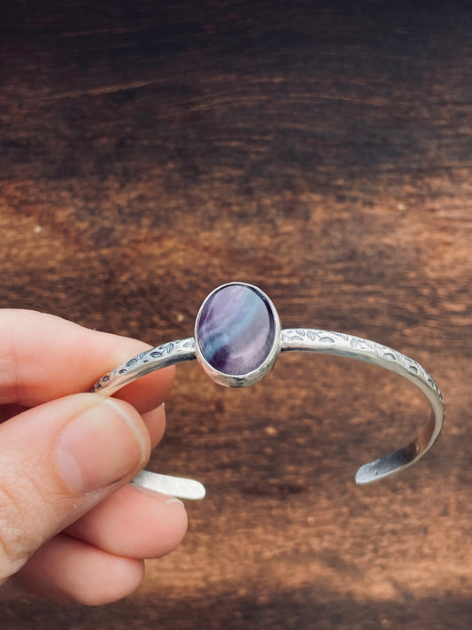Fluorite and silver cuff with hand stamped floral band/botanical print/rainbow fluorite/purple and blue fluorite/cuff bracelet/ready to ship