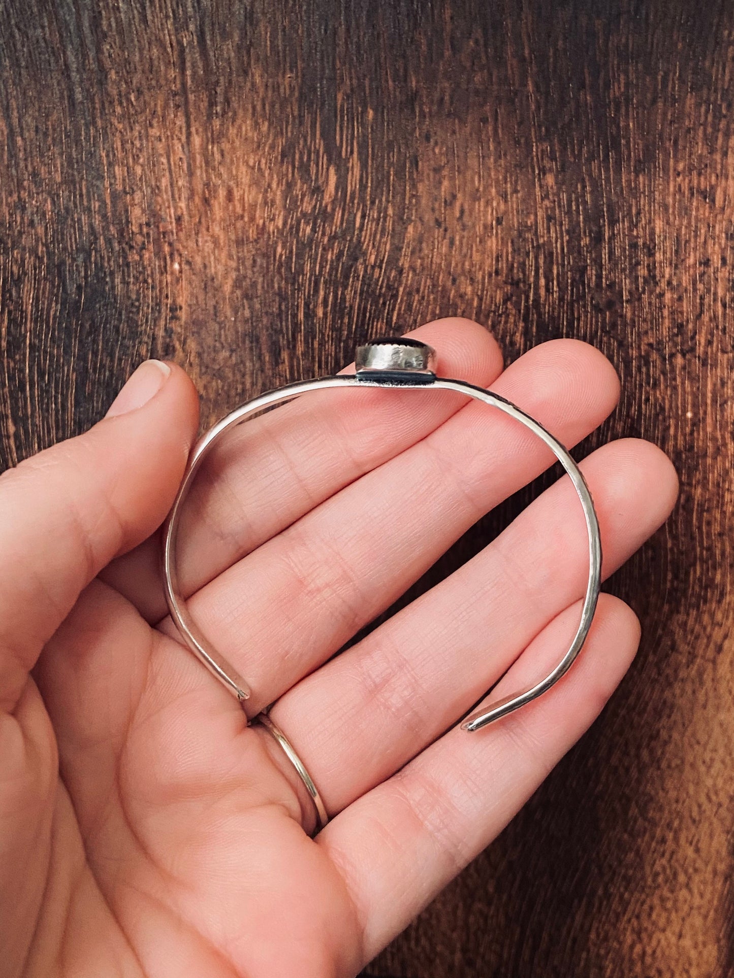 Sterling silver and New Lander Varesite cuff/ hand stamped cuff bracelet/ cuff with black stone/ natural stone jewelry/ready to ship