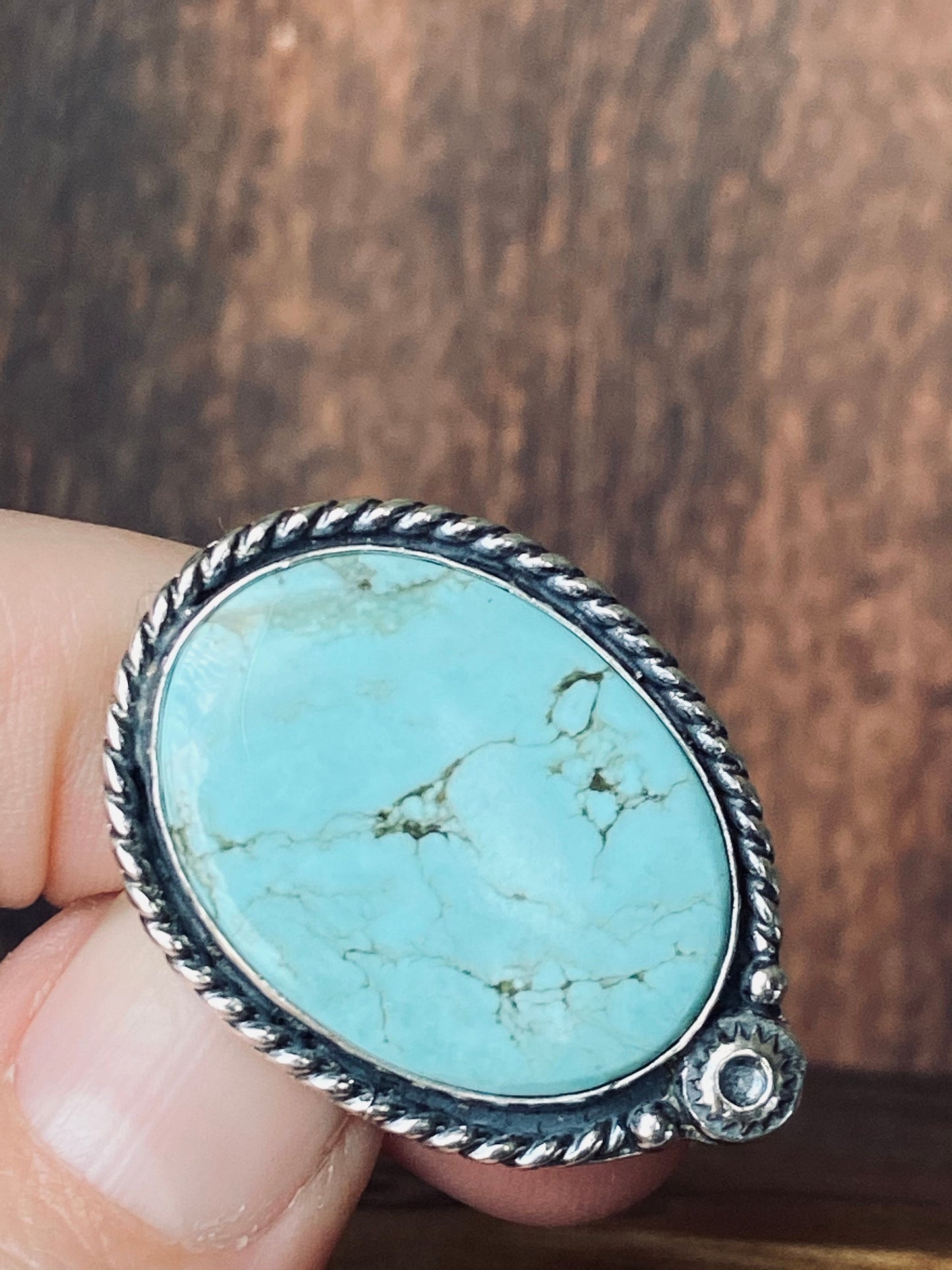 US size 6.25 Kingman turquoise and sterling silver ring with decorative accents/rope boarder/split ring band/ one of a kind/ready to ship