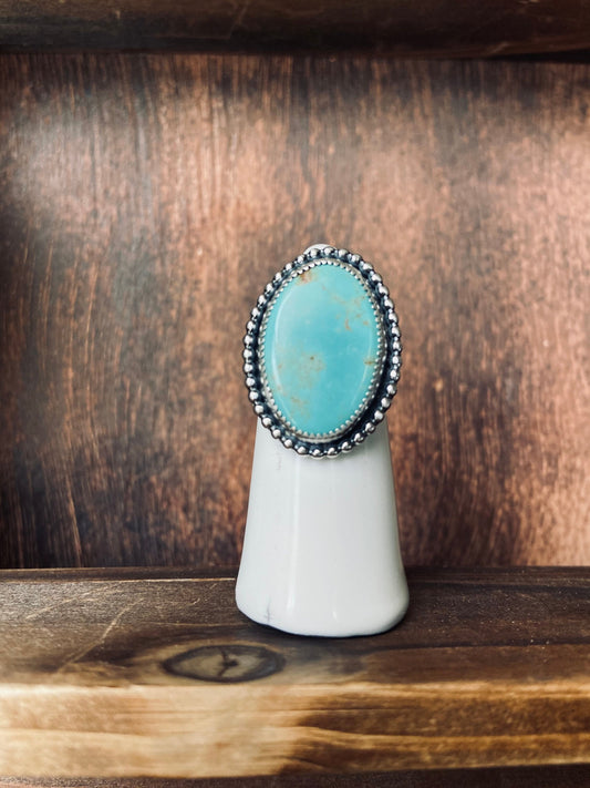 US size 7.5 American turquoise and sterling silver ring with beaded border and intricate floral band/ one of a kind jewelry/ ready to ship