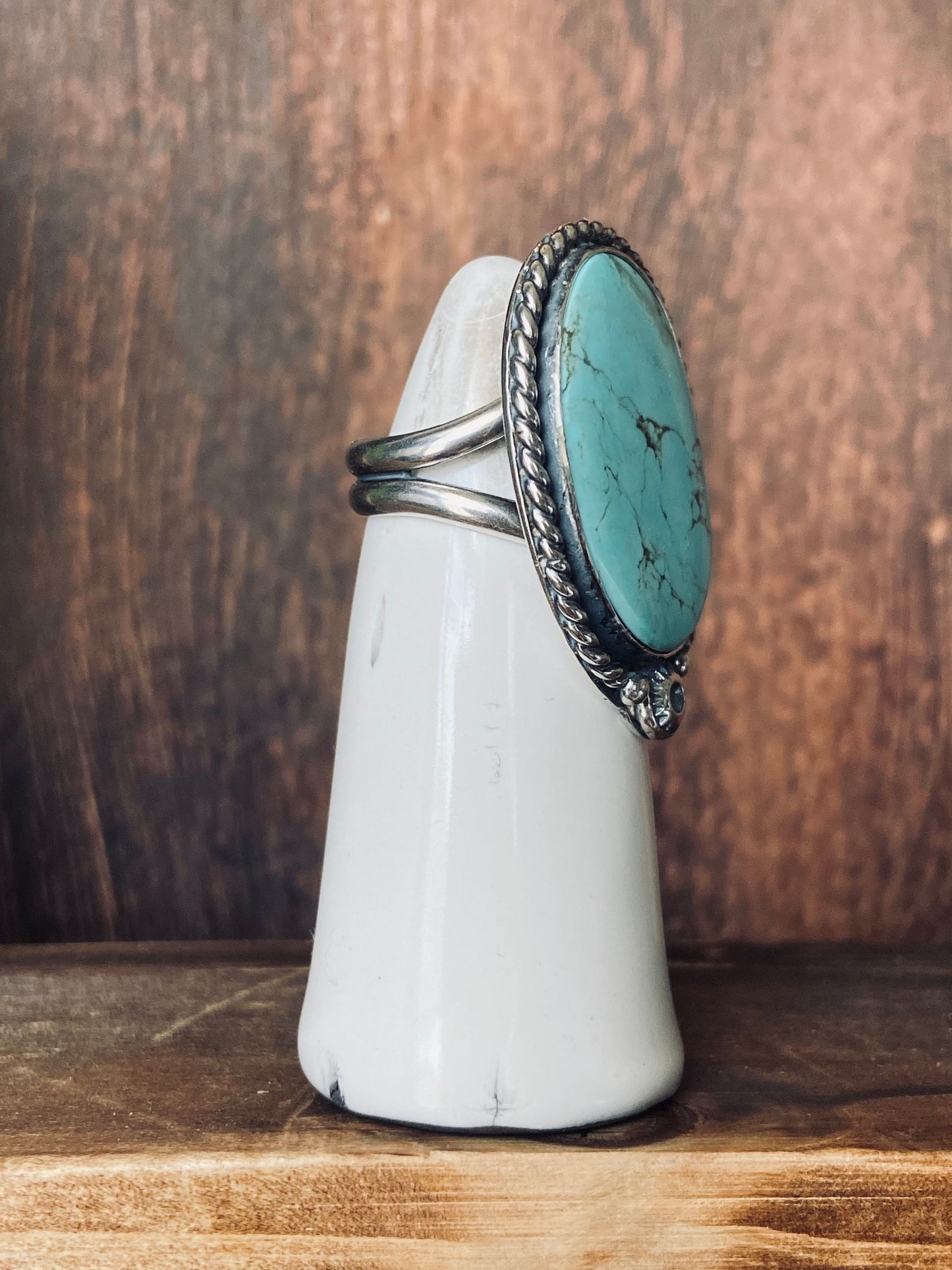 US size 6.25 Kingman turquoise and sterling silver ring with decorative accents/rope boarder/split ring band/ one of a kind/ready to ship